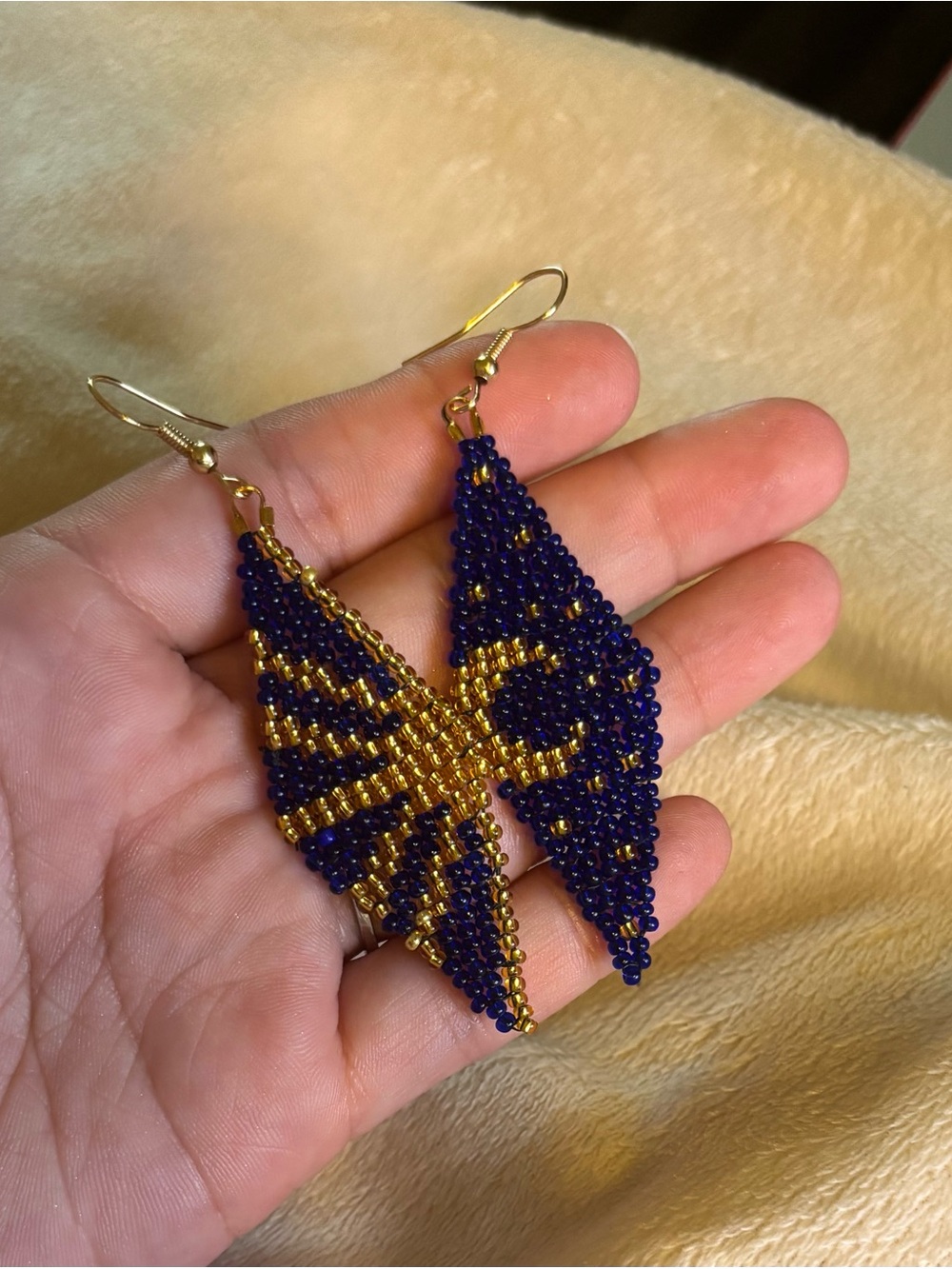 Handmade Blue & Gold Beaded Dangle Earrings - Women Jewelry